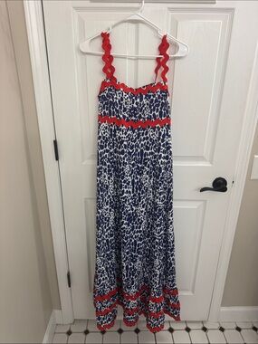 Red-Trim Navy & White Maxi Dress